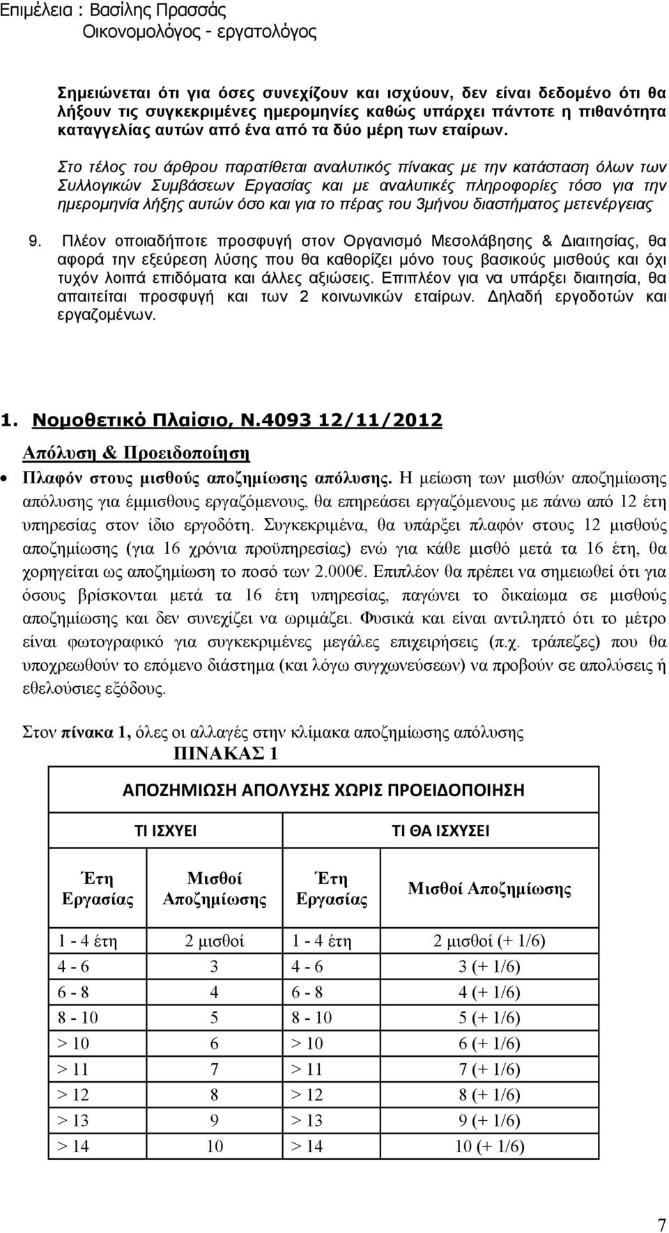 Στο τέλος του άρθρου παρατίθεται αναλυτικός πίνακας µε την κατάσταση όλων των Συλλογικών Συµβάσεων Εργασίας και µε αναλυτικές πληροφορίες τόσο για την ηµεροµηνία λήξης αυτών όσο και για το πέρας του