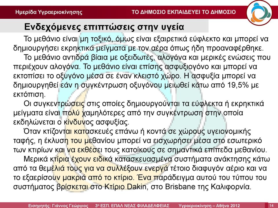 Η ασφυξία μπορεί να δημιουργηθεί εάν η συγκέντρωση οξυγόνου μειωθεί κάτω από 19,5% με εκτόπιση.