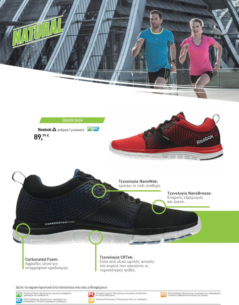 Functional Sport: Παπούτσια με κανονική απορρόφηση κραδασμών και σταθερότητα. Extra Cushioning: Παπούτσια με τεχνολογίες που εξασφαλίζουν επιπλέον απορρόφηση κραδασμών.