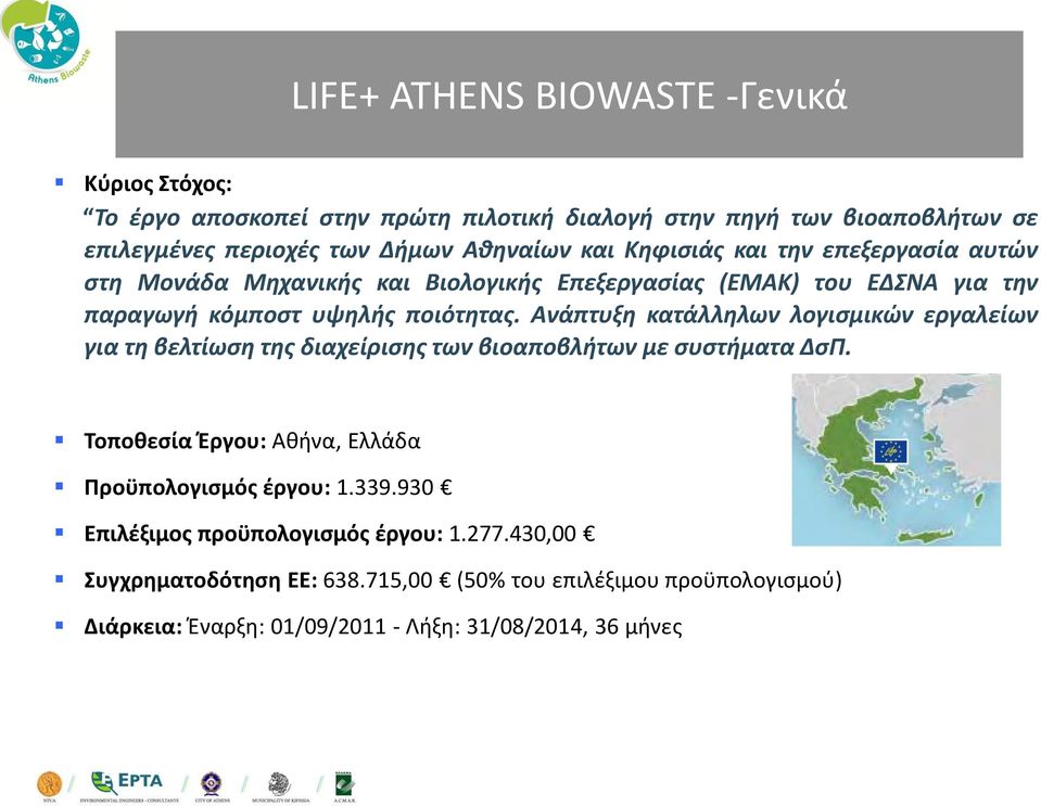 Ανάπτυξη κατάλληλων λογισμικών εργαλείων για τη βελτίωση της διαχείρισης των βιοαποβλήτων με συστήματα ΔσΠ. Τοποθεσία Έργου: Αθήνα, Ελλάδα Προϋπολογισμός έργου: 1.