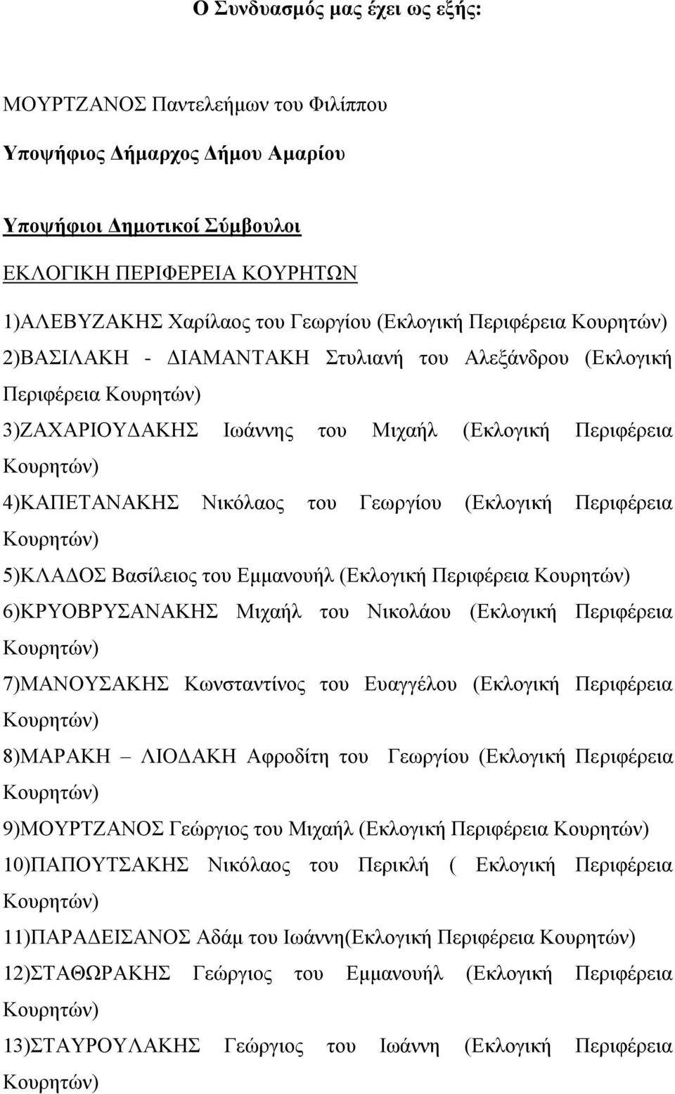 Περιφέρεια 5)ΚΛΑΔΟΣ Βασίλειος του Εμμανουήλ (Εκλογική Περιφέρεια 6)ΚΡΥΟΒΡΥΣΑΝΑΚΗΣ Μιχαήλ του Νικολάου (Εκλογική Περιφέρεια 7)ΜΑΝΟΥΣΑΚΗΣ Κωνσταντίνος του Ευαγγέλου (Εκλογική Περιφέρεια 8)ΜΑΡΑΚΗ