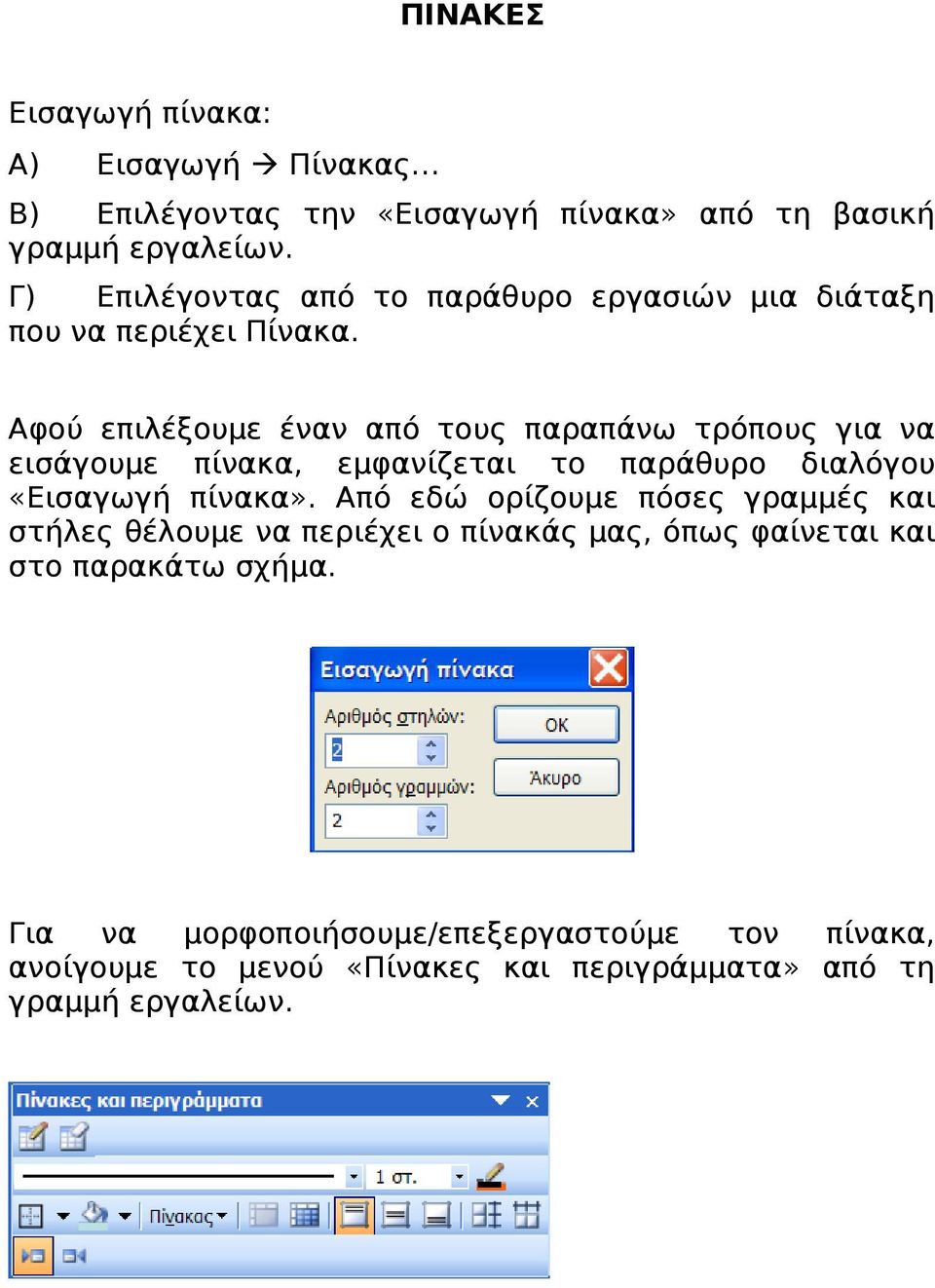 Αφού επιλέξουμε έναν από τους παραπάνω τρόπους για να εισάγουμε πίνακα, εμφανίζεται το παράθυρο διαλόγου «Εισαγωγή πίνακα».