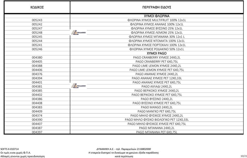 CRANBERRY PET 6Χ0,75L 004388 PAGO LIME LEMON ΧΥΜΟΣ 24X0,2L 004406 PAGO LIME LEMON ΧΥΜΟΣ PET 6Χ0,75L 004376 PAGO ΑΝΑΝΑΣ ΧΥΜΟΣ 24X0,2L 004394 PAGO ΑΝΑΝΑΣ ΧΥΜΟΣ PET 12X0,33L 004401 PAGO ΑΝΑΝΑΣ ΧΥΜΟΣ PET