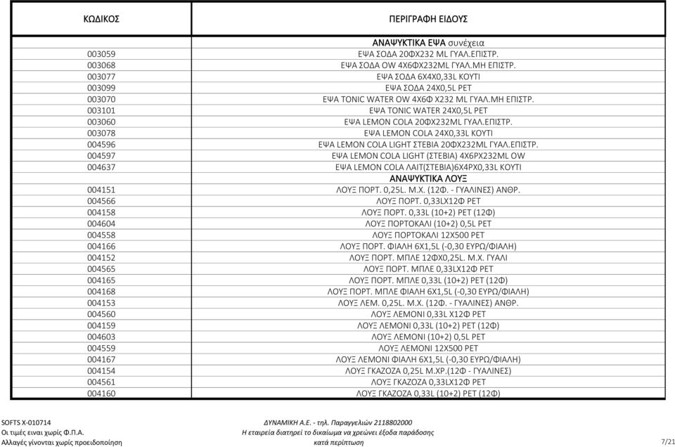 003101 ΕΨΑ TΟNIC WATER 24X0,5L PET 003060 ΕΨΑ LEMON COLA 20ΦΧ232ML ΓΥΑΛ.ΕΠΙΣΤΡ.