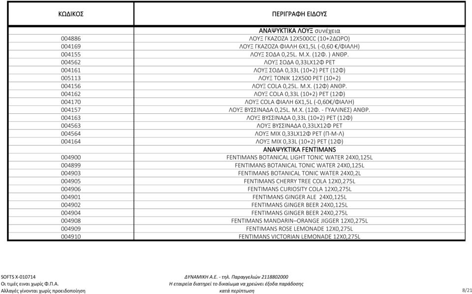 004162 ΛΟΥΞ COLA 0,33L (10+2) PET (12Φ) 004170 ΛΟΥΞ COLA ΦΙΑΛΗ 6X1,5L (-0,60 /ΦΙΑΛΗ) 004157 ΛΟΥΞ ΒΥΣΣΙΝΑΔΑ 0,25L. M.X. (12Φ. - ΓΥΑΛΙΝΕΣ) ΑΝΘΡ.