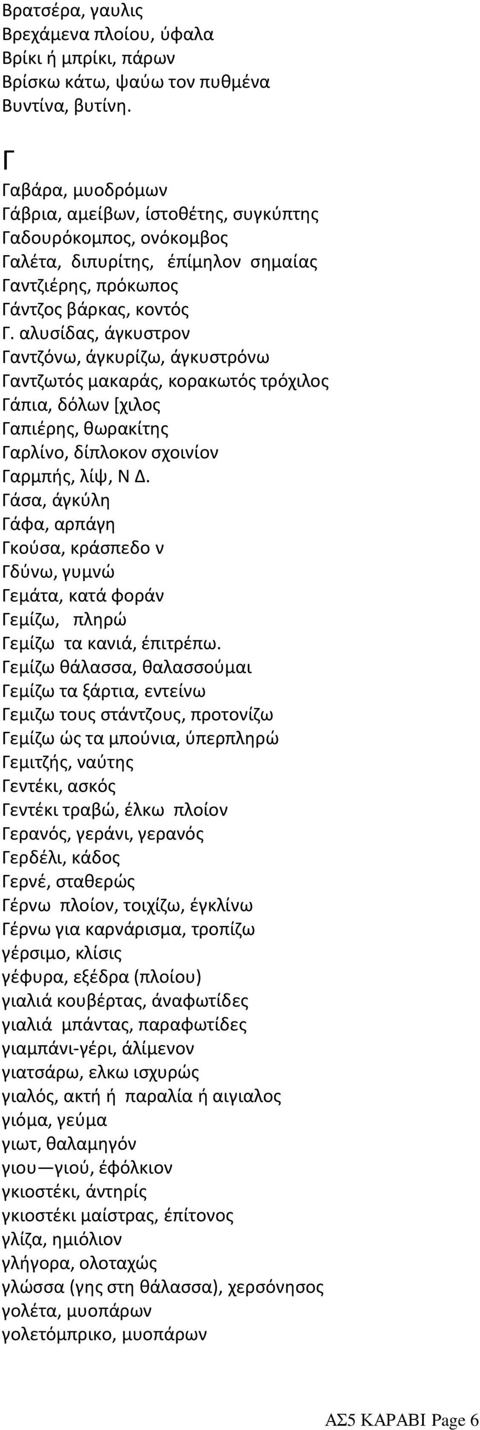 αλυσίδας, άγκυστρον Γαντζόνω, άγκυρίζω, άγκυστρόνω Γαντζωτός μακαράς, κορακωτός τρόχιλος Γάπια, δόλων [χιλος Γαπιέρης, θωρακίτης Γαρλίνο, δίπλοκον σχοινίον Γαρμπής, λίψ, Ν Δ.