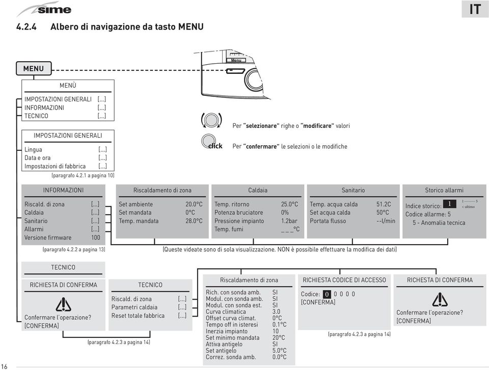 1 a pagina 10) click Per selezionare righe o modificare valori Per confermare le selezioni o le modifiche INFORMAZIONI Riscald. di zona [...] Caldaia [...] Sanitario [...] Allarmi [.