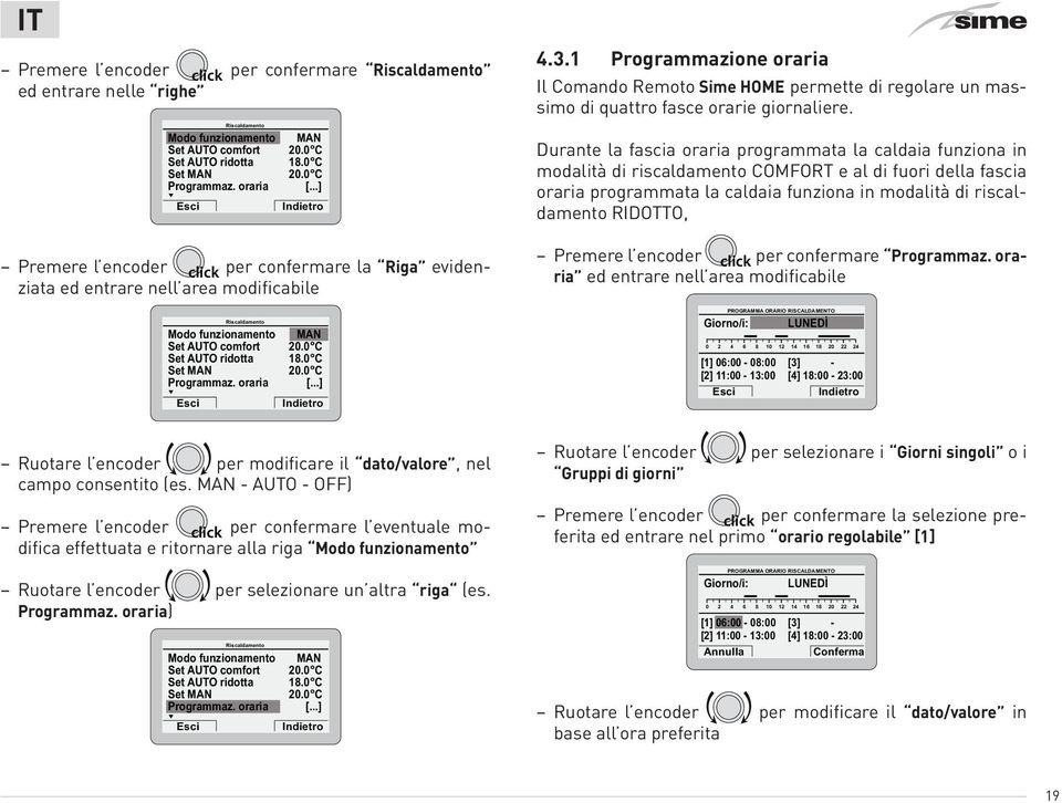 0 C Set MAN 20.0 C Programmaz. oraria [...] Esci Indietro 4.3.1 Programmazione oraria Il Comando Remoto Sime HOME permette di regolare un massimo di quattro fasce orarie giornaliere.