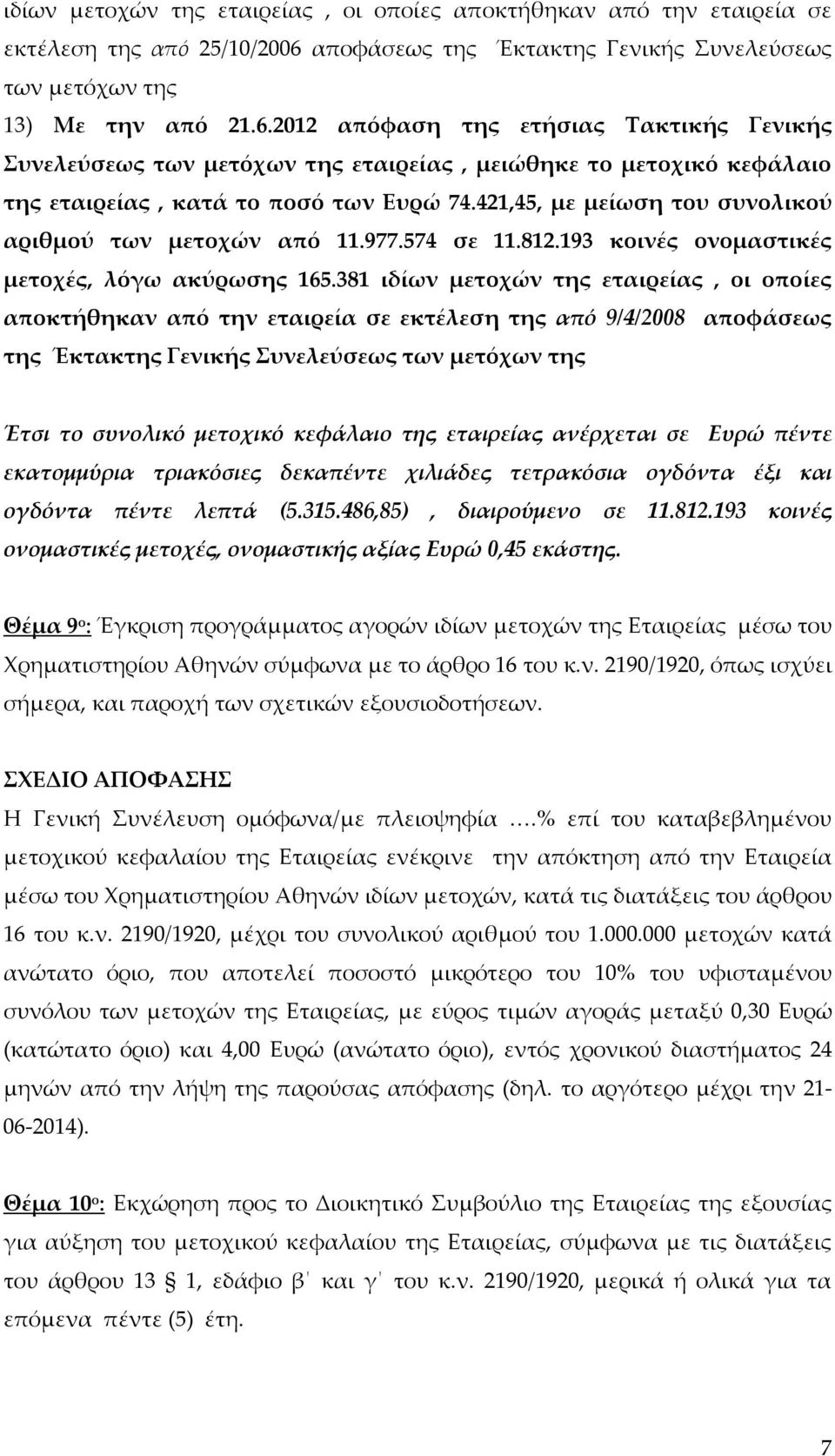 2012 απόφαση της ετήσιας Τακτικής Γενικής Συνελεύσεως των μετόχων της εταιρείας, μειώθηκε το μετοχικό κεφάλαιο της εταιρείας, κατά το ποσό των Ευρώ 74.