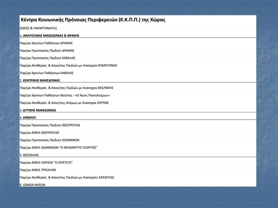 & Αποκ/σης Παιδιών με Αναπηρία ΚΟΜΟΤΗΝΗΣ Παρ/μα Χρονίων Παθήσεων ΚΑΒΑΛΑΣ 2. ΚΕΝΤΡΙΚΗΣ ΜΑΚΕΔΟΝΙΑΣ Παρ/μα Αποθεραπ.