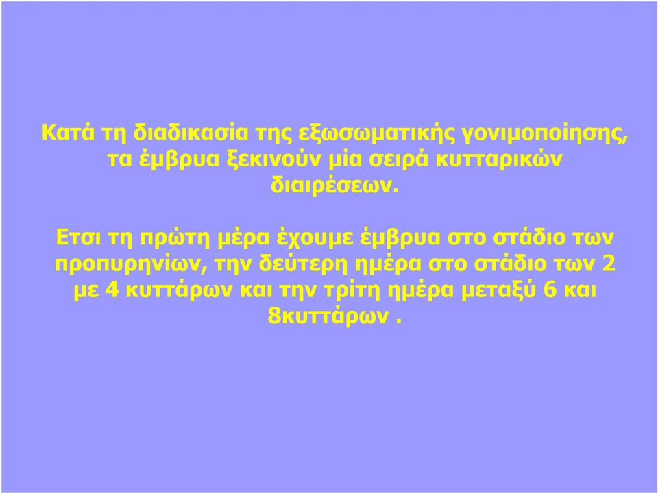 Ετσι τη πρώτη μέρα έχουμε έμβρυα στο στάδιο των προπυρηνίων,