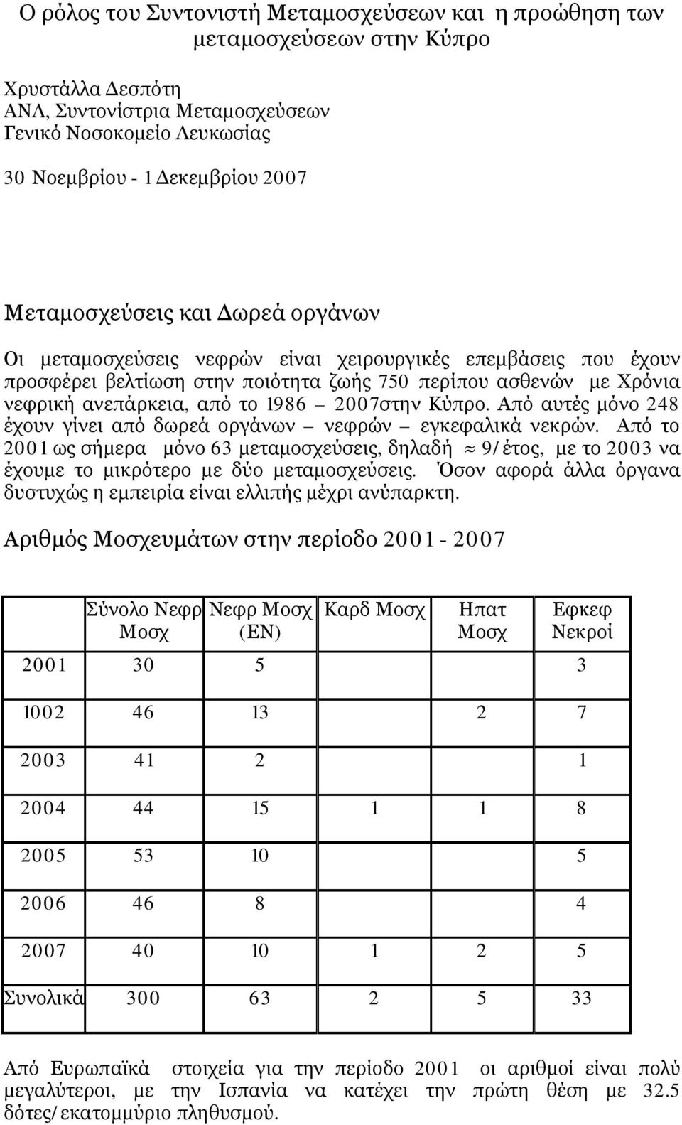 2007στην Κύπρο. Από αυτές μόνο 248 έχουν γίνει από δωρεά οργάνων νεφρών εγκεφαλικά νεκρών.