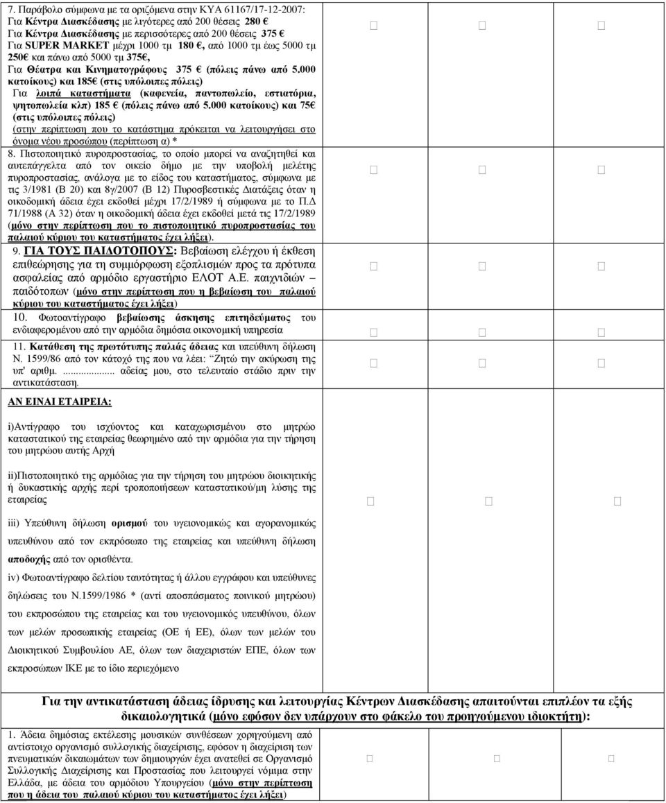 000 κατοίκους) και 185 (στις υπόλοιπες πόλεις) Για λοιπά καταστήματα (καφενεία, παντοπωλείο, εστιατόρια, ψητοπωλεία κλπ) 185 (πόλεις πάνω από 5.