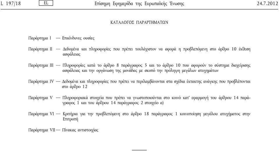 2012 ΚΑΤΑΛΟΓΟΣ ΠΑΡΑΡΤΗΜΑΤΩΝ Παράρτημα Ι Παράρτημα ΙΙ Επικίνδυνες ουσίες Δεδομένα και πληροφορίες που πρέπει τουλάχιστον να αφορά η προβλεπόμενη στο άρθρο 10 έκθεση ασφάλειας Παράρτημα ΙΙΙ Πληροφορίες