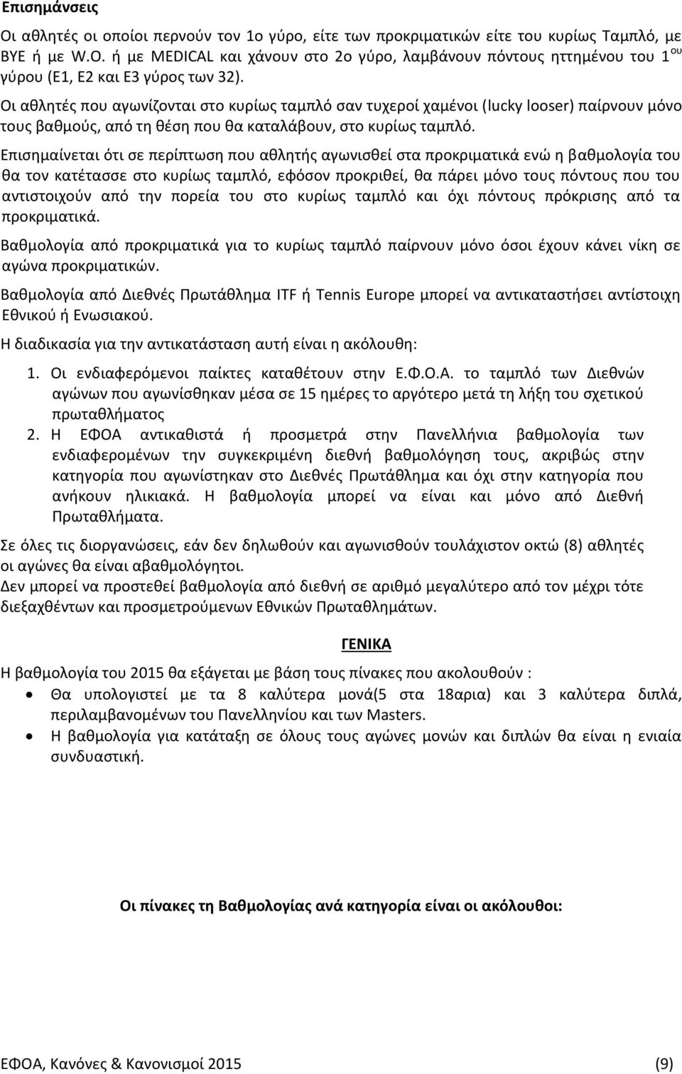 Οι αθλητές που αγωνίζονται στο κυρίως ταμπλό σαν τυχεροί χαμένοι (lucky looser) παίρνουν μόνο τους βαθμούς, από τη θέση που θα καταλάβουν, στο κυρίως ταμπλό.