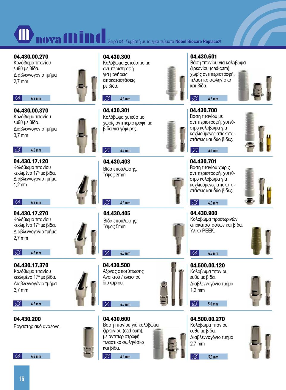 430.17.270 04.430.405 Ύψος 5mm 04.430.900 Κολόβωμα προσωρινών αποκαταστάσεων Υλικό PEEK. 4,3 mm 4,3 mm 4,3 mm 04.430.17.370 3,7 mm 04.430.500 Άξονας αποτύπωσης.