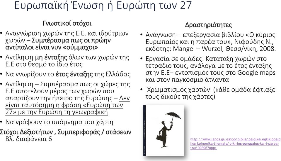 Ε αποτελούν μέρος των χωρών που απαρτίζουν την ήπειρο της Ευρώπης Δεν είναι ταυτόσημη η φράση «Ευρώπη των 27» με την Ευρώπη τη γεωγραφική Να γράφουν το υπόμνημα του χάρτη Στόχοι Δεξιοτήτων,