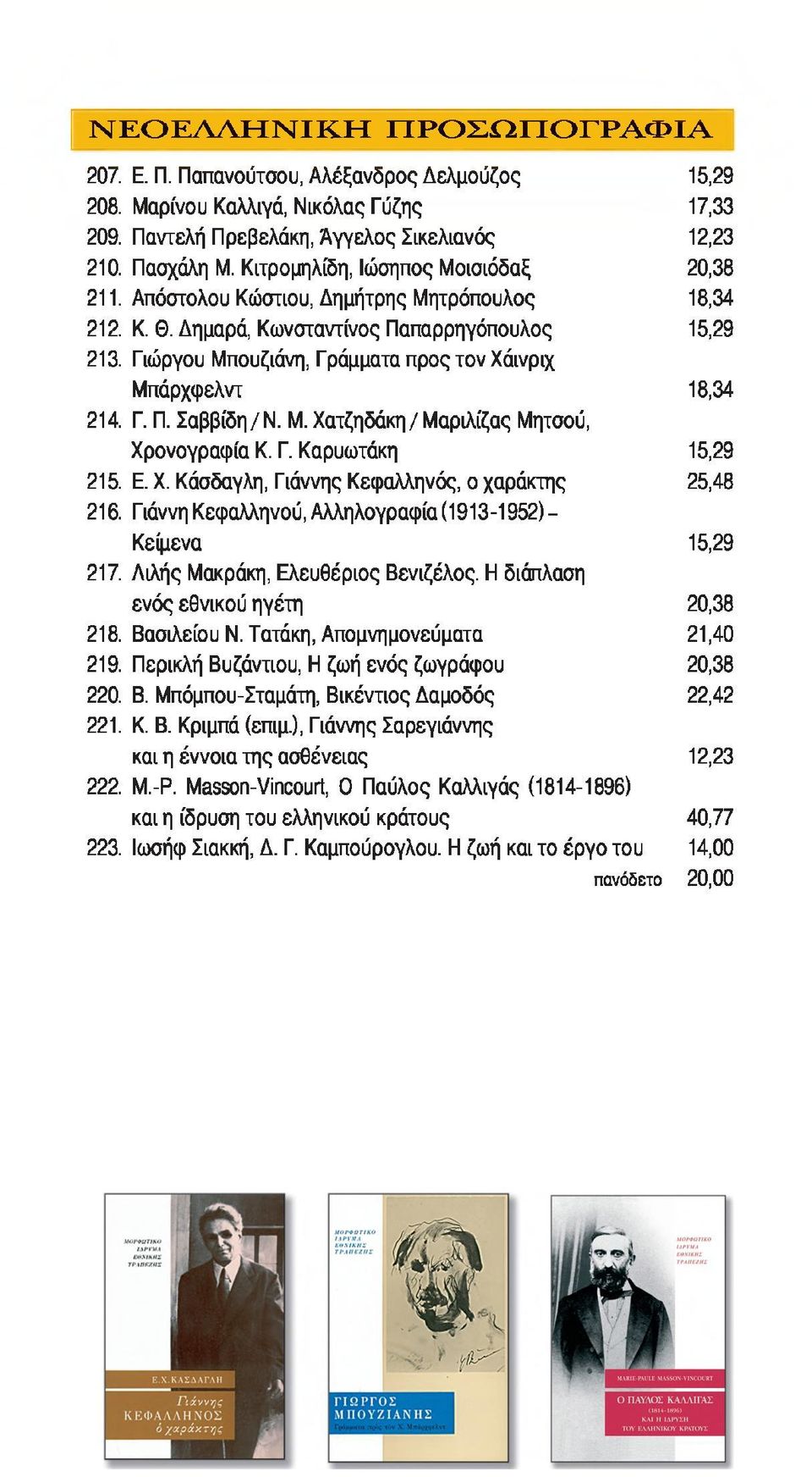 Γιώργου Μπουζιάνη, Γράμματα προς τον Χάινριχ Μπάρχφελντ 18,34 214. Γ. Π. Σαββίδη/Ν. Μ. Χατζηδάκη/ Μαριλίζας Μητσού, Χρονογραφία Κ. Γ. Καρυωτάκη 15,29 215. Ε. X.