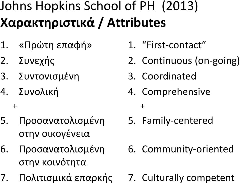 Προσανατολισμένη στην κοινότητα 7. Πολιτισμικά επαρκής 1. First-contact 2.