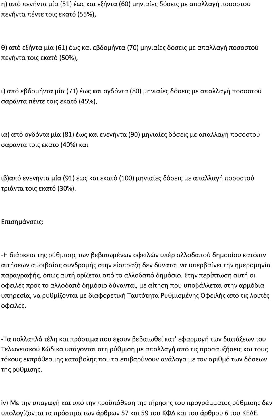 δόσεις με απαλλαγή ποσοστού σαράντα τοις εκατό (40%) και ιβ)από ενενήντα μία (91) έως και εκατό (100) μηνιαίες δόσεις με απαλλαγή ποσοστού τριάντα τοις εκατό (30%).