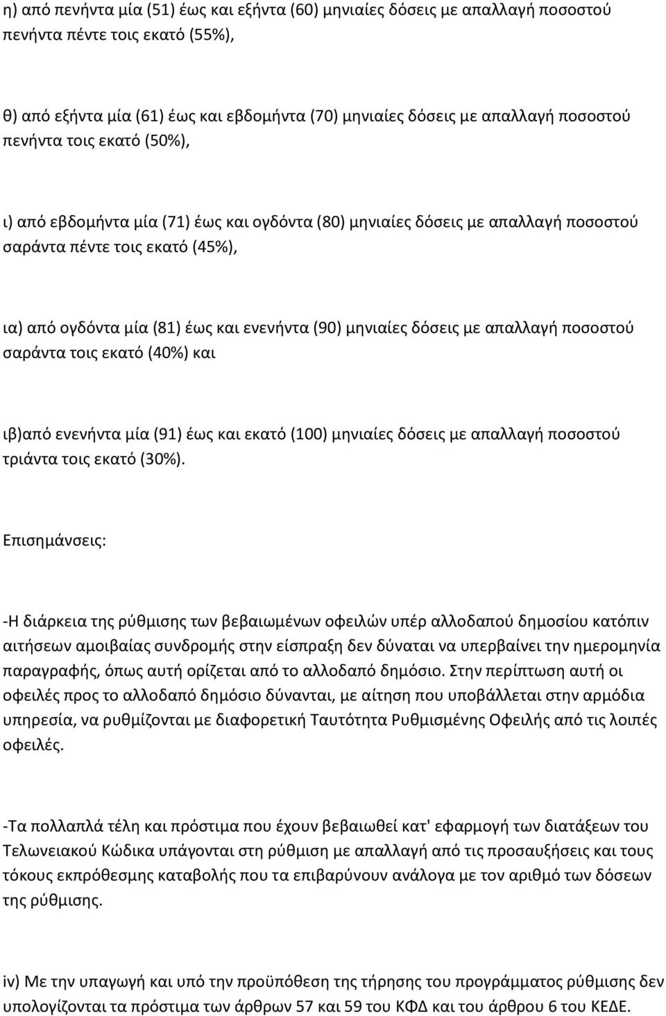 δόσεις με απαλλαγή ποσοστού σαράντα τοις εκατό (40%) και ιβ)από ενενήντα μία (91) έως και εκατό (100) μηνιαίες δόσεις με απαλλαγή ποσοστού τριάντα τοις εκατό (30%).