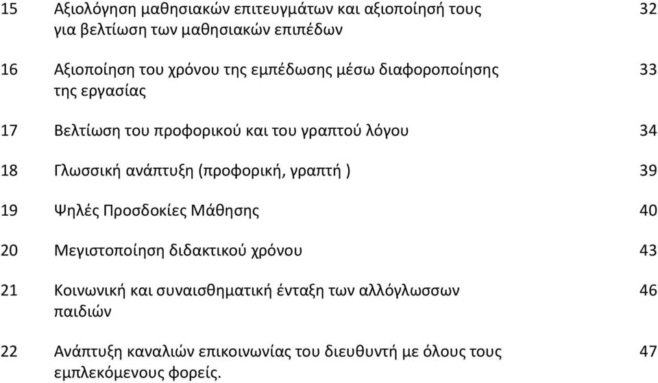 ανάπτυξη (προφορική, γραπτή ) 39 19 Ψηλές Προσδοκίες Μάθησης 40 20 Μεγιστοποίηση διδακτικού χρόνου 43 21 Κοινωνική και