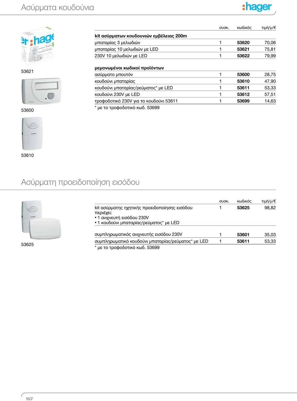 κωδικοί προϊόντων ασύρματο μπουτόν 1 53600 28,75 κουδούνι μπαταρίας 1 53610 47,90 κουδούνι μπαταρίας/ρεύματος* με LED 1 53611 53,33 κουδούνι 230V με LED 1 53612 57,51 τροφοδοτικό 230V για το κουδούνι
