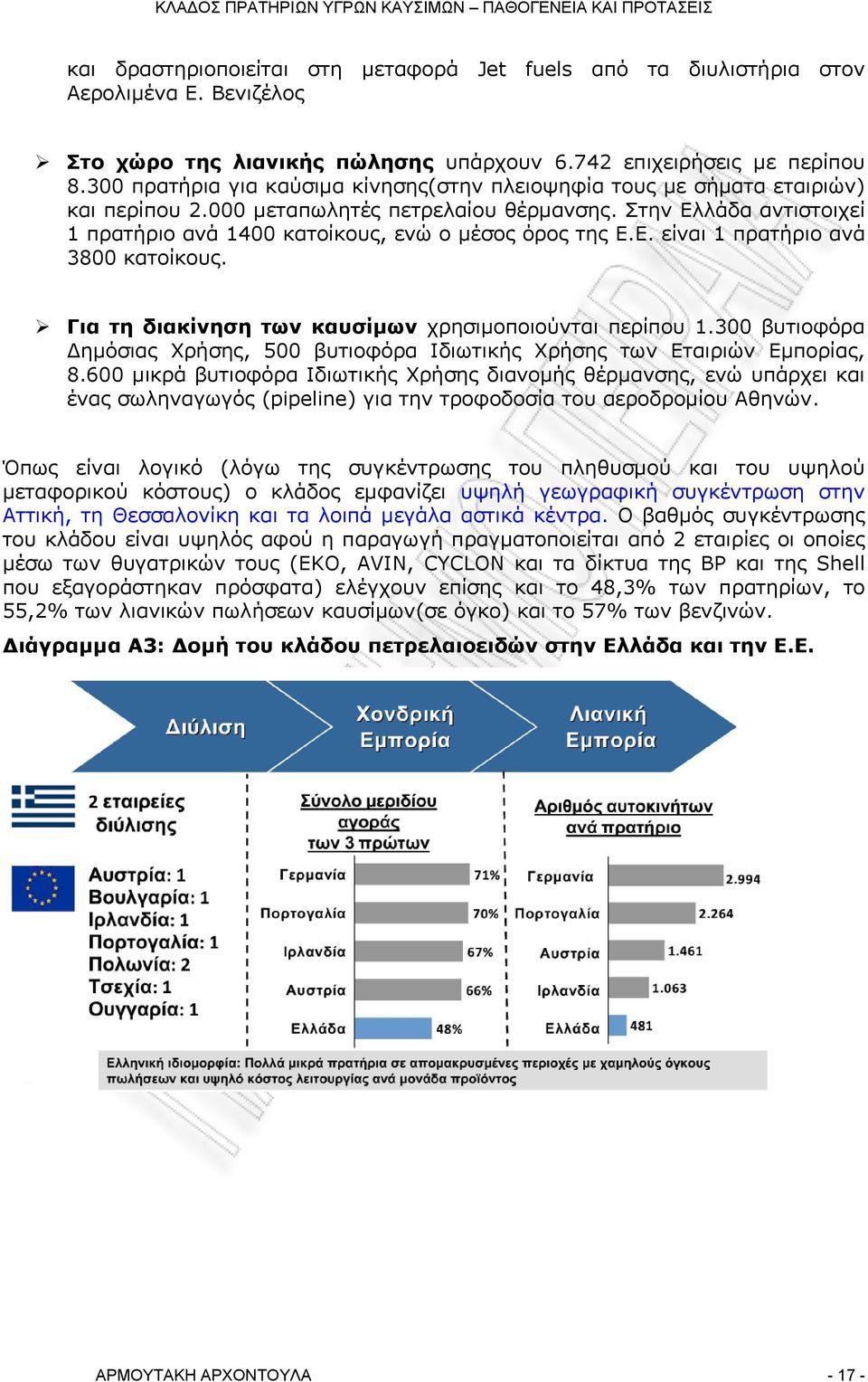 Στην Ελλάδα αντιστοιχεί 1 πρατήριο ανά 1400 κατοίκους, ενώ ο μέσος όρος της Ε.Ε. είναι 1 πρατήριο ανά 3800 κατοίκους. Για τη διακίνηση των καυσίμων χρησιμοποιούνται περίπου 1.