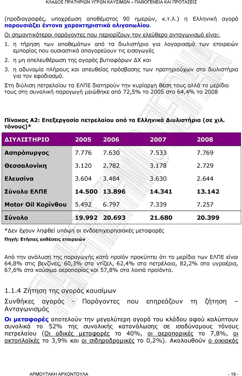 η αδυναμία πλήρους και απευθείας πρόσβασης των πρατηριούχων στα διυλιστήρια για τον εφοδιασμό.