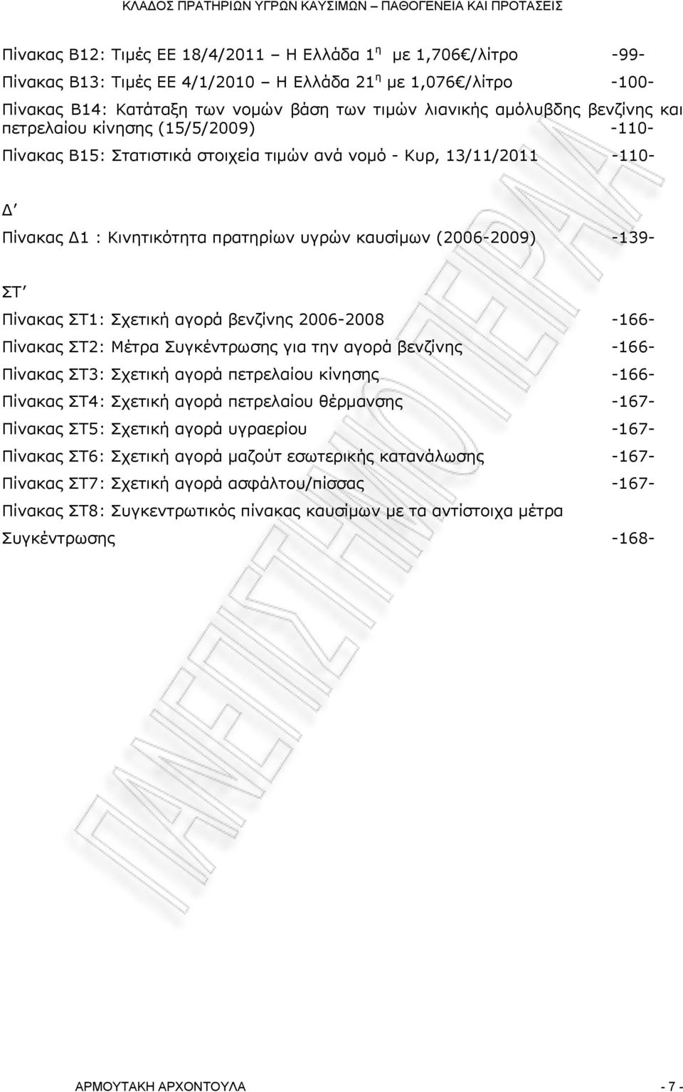ΣΤ1: Σχετική αγορά βενζίνης 2006-2008 -166- Πίνακας ΣΤ2: Μέτρα Συγκέντρωσης για την αγορά βενζίνης -166- Πίνακας ΣΤ3: Σχετική αγορά πετρελαίου κίνησης -166- Πίνακας ΣΤ4: Σχετική αγορά πετρελαίου