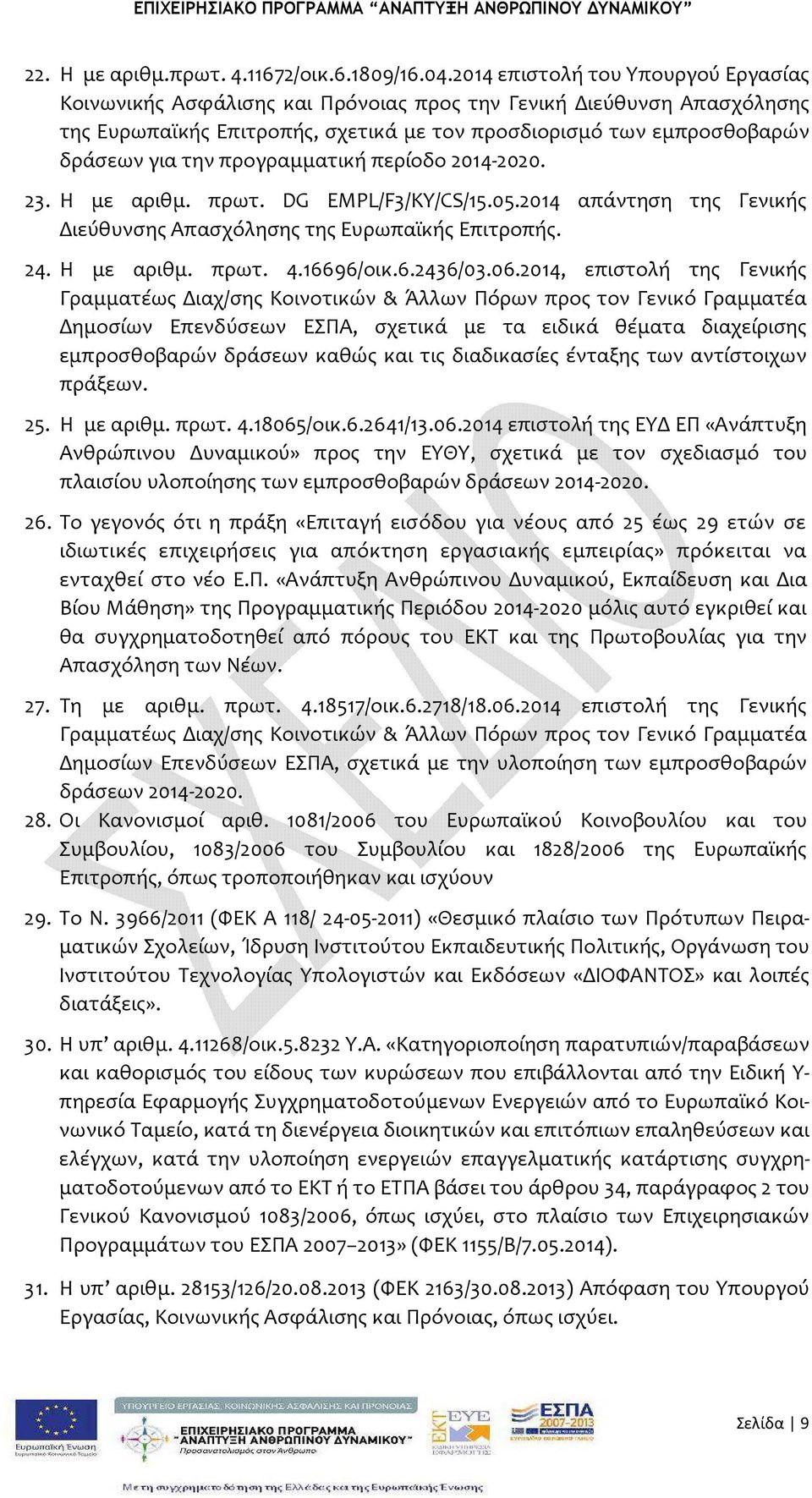 προγραμματική περίοδο 2014-2020. 23. Η με αριθμ. πρωτ. DG EMPL/F3/KY/CS/15.05.2014 απάντηση της Γενικής Διεύθυνσης Απασχόλησης της Ευρωπαϊκής Επιτροπής. 24. Η με αριθμ. πρωτ. 4.16696/οικ.6.2436/03.06.