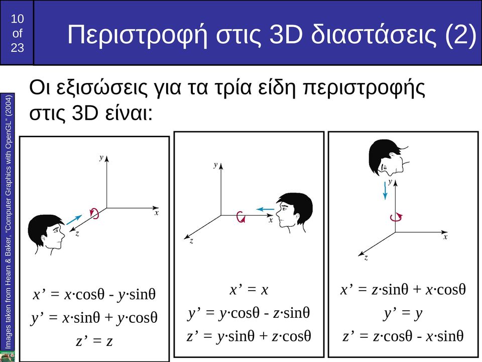 στις 3D είναι: x = x cosθ - y sinθ y = x sinθ + y cosθ z = z x = x y = y