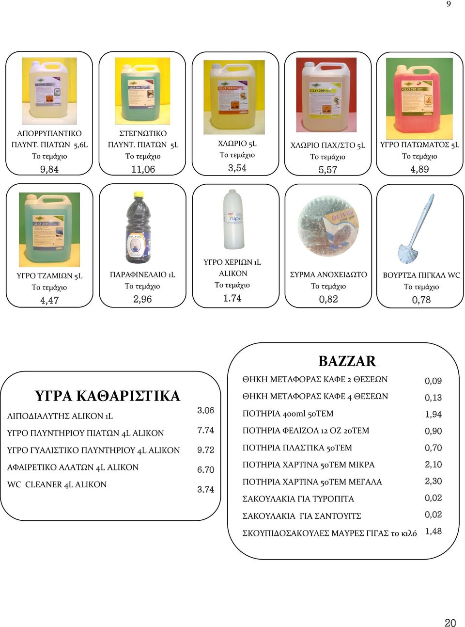 74 ΣΥΡΜΑ ΑΝΟΧΕΙΔΩΤΟ 0,82 ΒΟΥΡΤΣΑ ΠΙΓΚΑΛ WC 0,78 BAZZAR ΥΓΡΑ ΚΑΘΑΡΙΣΤΙΚΑ ΛΙΠΟΔΙΑΛΥΤΗΣ ΑLIKON 1L 3.