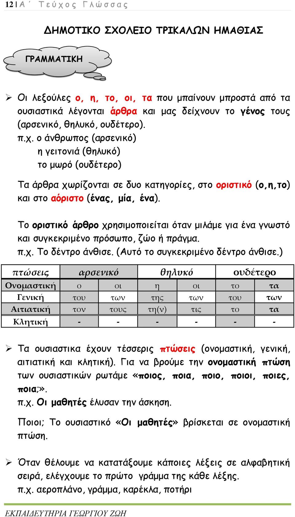 Το οριστικό άρθρο χρησιμοποιείται όταν μιλάμε για ένα γνωστό και συγκεκριμένο πρόσωπο, ζώο ή πράγμα. π.χ. Το δέντρο άνθισε. (Αυτό το συγκεκριμένο δέντρο άνθισε.