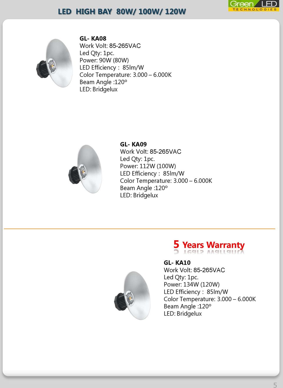 112W (100W) Beam Angle :120º 5 Years