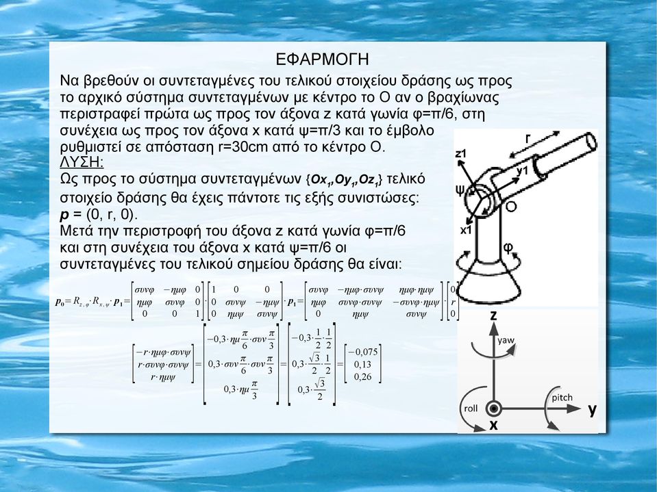 ΛΥΣΗ: Ως προς το σύστημα συντεταγμένων {Ox,Oy,Oz} τελικό στοιχείο δράσης θα έχεις πάντοτε τις εξής συνιστώσες: p = (, r, ).