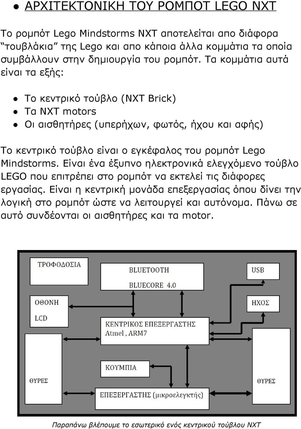 Τα κομμάτια αυτά είναι τα εξής: Το κεντρικό τούβλο (NXT Brick) Τα NXT motors Οι αισθητήρες (υπερήχων, φωτός, ήχου και αφής) Το κεντρικό τούβλο είναι ο εγκέφαλος του ρομπότ