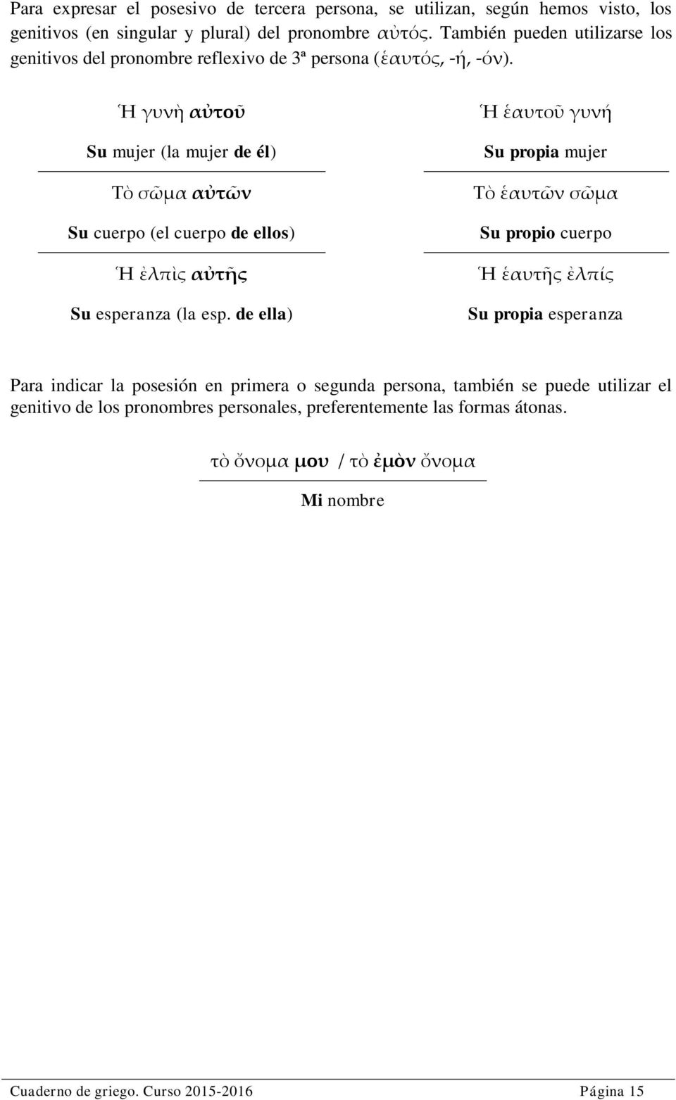 Ἡ γυνὴ αὐτοῦ Su mujer (la mujer de él) Τὸ σῶμα αὐτῶν Su cuerpo (el cuerpo de ellos) Ἡ ἐλπὶς αὐτῆς Su esperanza (la esp.