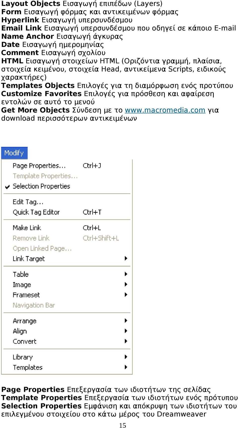 χαρακτήρες) Templates Objects Επιλογές για τη διαμόρφωση ενός προτύπου Customize Favorites Επιλογές για πρόσθεση και αφαίρεση εντολών σε αυτό το μενού Get More Objects Σύνδεση με το www.macromedia.