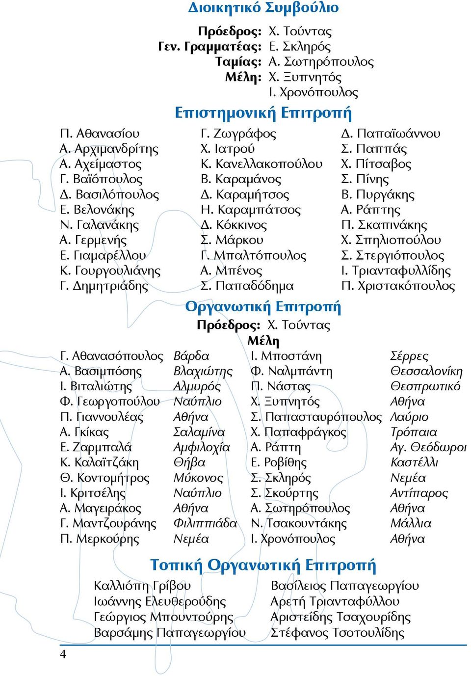 Μαγειράκος Αθήνα Γ. Μαντζουράνης Φιλιππιάδα Π. Μερκούρης Νεμέα Διοικητικό Συμβούλιο Πρόεδρος: Χ. Τούντας Γεν. Γραμματέας: Ε. Σκληρός Ταμίας: Α. Σωτηρόπουλος Μέλη: Χ. Ξυπνητός Ι.