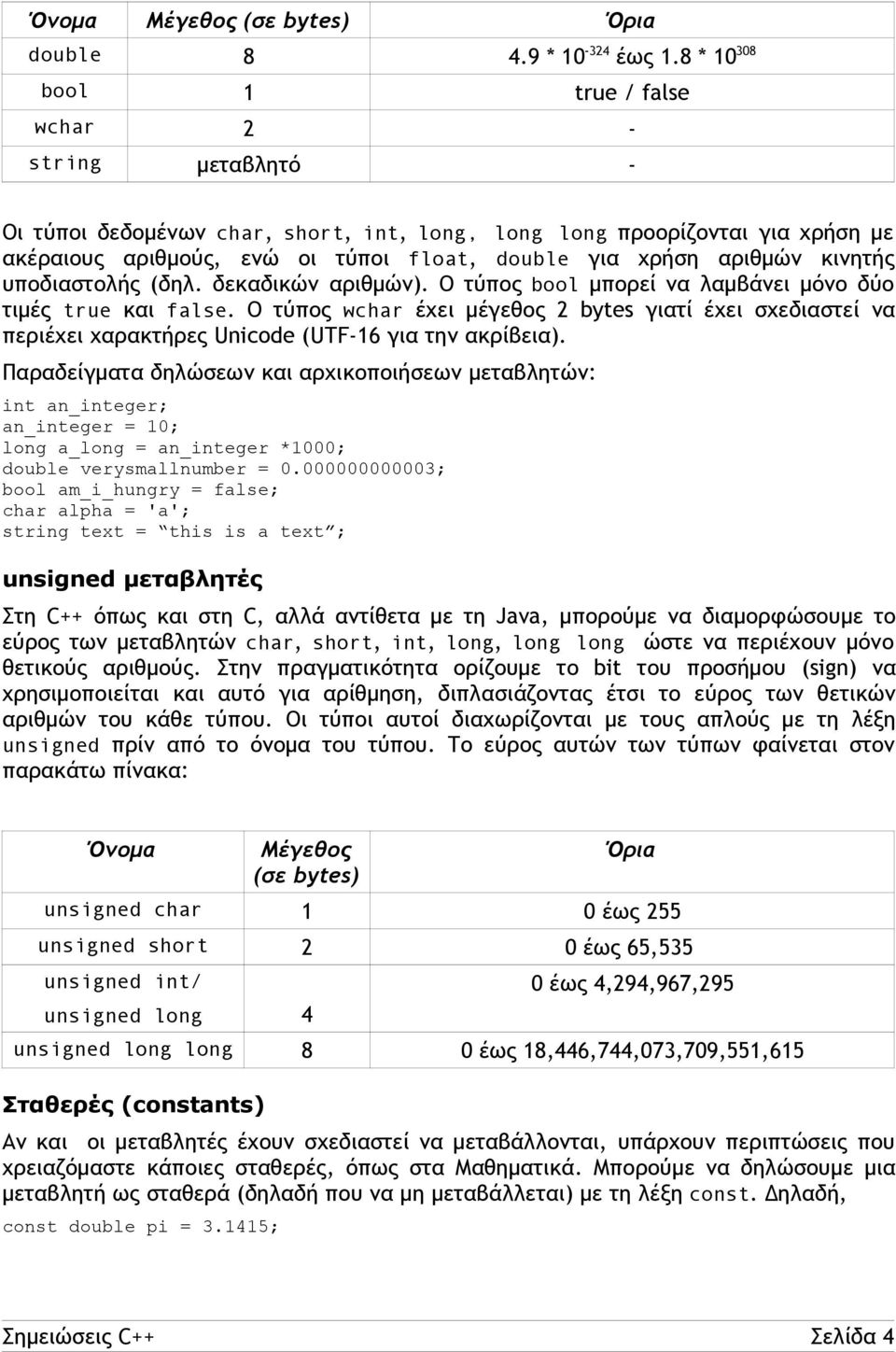 αριθμών κινητής υποδιαστολής (δηλ. δεκαδικών αριθμών). Ο τύπος bool μπορεί να λαμβάνει μόνο δύο τιμές true και false.