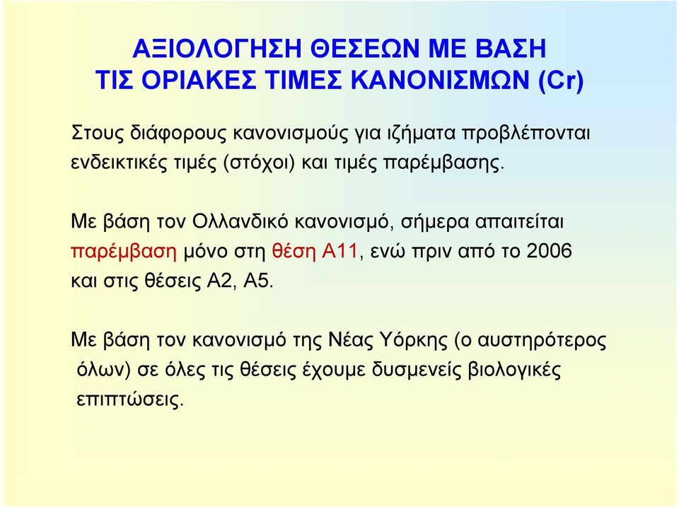 Με βάση τον Ολλανδικό κανονισμό, σήμερα απαιτείται παρέμβαση μόνο στη θέση Α11, ενώ πριν από το 2006
