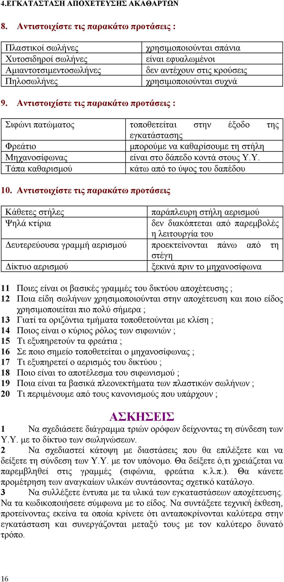 Αντιστοιχίστε τις παρακάτω προτάσεις : Σιφώνι πατώματος τοποθετείται στην έξοδο της εγκατάστασης Φρεάτιο μπορούμε να καθαρίσουμε τη στήλη Μηχανοσίφωνας είναι στο δάπεδο κοντά στους Υ.