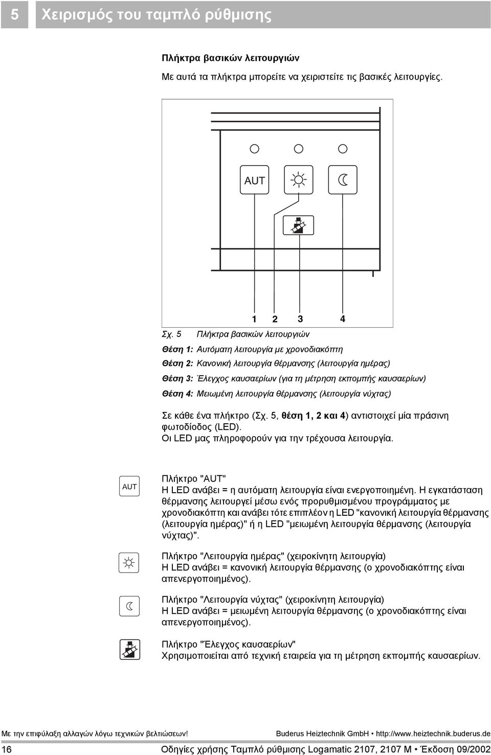 Θέση 4: Μειωµένη λειτουργία θέρµανσης (λειτουργία νύχτας) Σε κάθε ένα πλήκτρο (Σχ. 5, θέση 1, 2 και 4) αντιστοιχεί µία πράσινη φωτοδίοδος (LED). Οι LED µας πληροφορούν για την τρέχουσα λειτουργία.