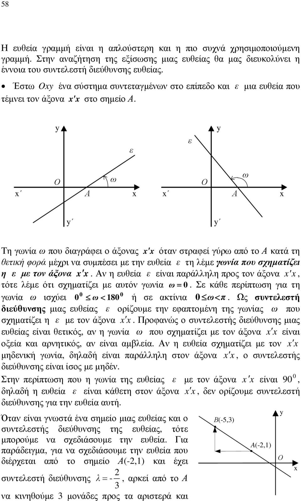 μέχρι να συμπέσει με την ευθεία ε τη λέμε γωνία που σχηματίζει η ε με τον άξονα x x Αν η ευθεία ε είναι παράλληλη προς τον άξονα xx, τότε λέμε ότι σχηματίζει με αυτόν γωνία ω 0 Σε κάθε περίπτωση για