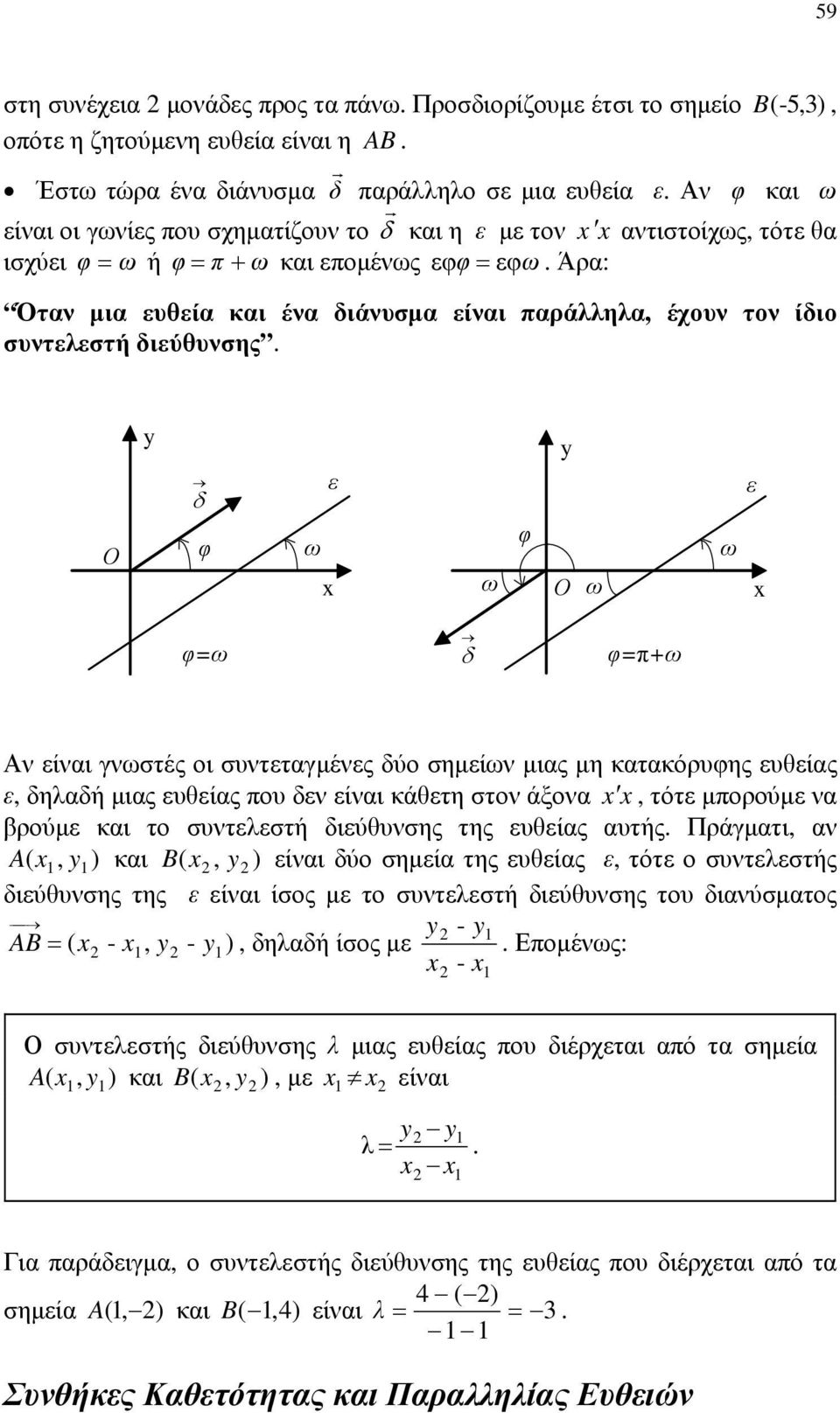 ω Ο ω ω ε x φ=ω φ=π+ω Αν είναι γνωστές οι συντεταγμένες δύο σημείων μιας μη κατακόρυφης ευθείας ε, δηλαδή μιας ευθείας που δεν είναι κάθετη στον άξονα x x, τότε μπορούμε να βρούμε και το συντελεστή