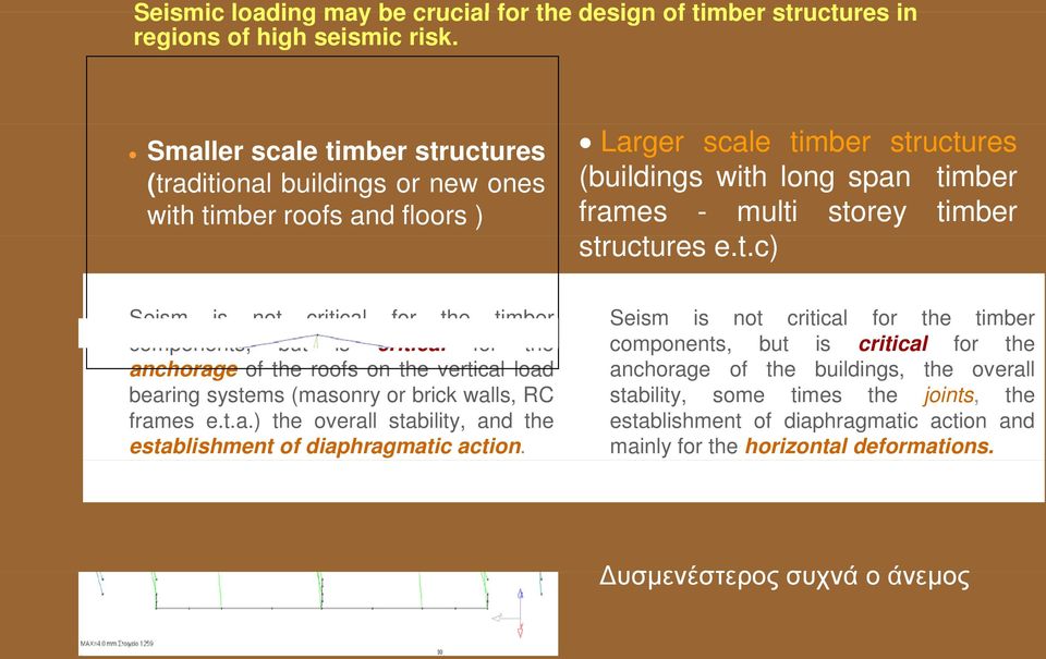 structures t e.t.c) Seism is not critical for the timber components, but is critical for the anchorage of the roofs on the vertical load bearing systems (masonry or brick walls, RC frames e.t.a.) the overall stability, and the establishment of diaphragmatic action.