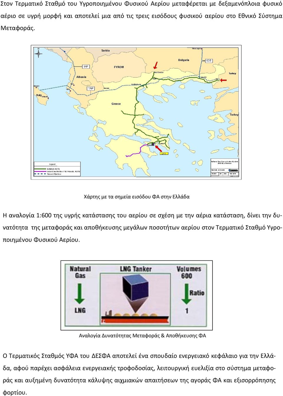 Χάρτης με τα σημεία εισόδου ΦΑ στην Ελλάδα Η αναλογία 1:600 της υγρής κατάστασης του αερίου σε σχέση με την αέρια κατάσταση, δίνει την δυνατότητα της μεταφοράς και αποθήκευσης μεγάλων ποσοτήτων