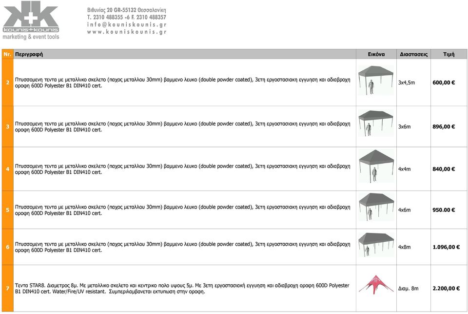 00 6 οροφη 600D Polyester B DIN40 cert. 4x8m.096,00 7 Tεντα STAR8. Διαμετρος 8μ.