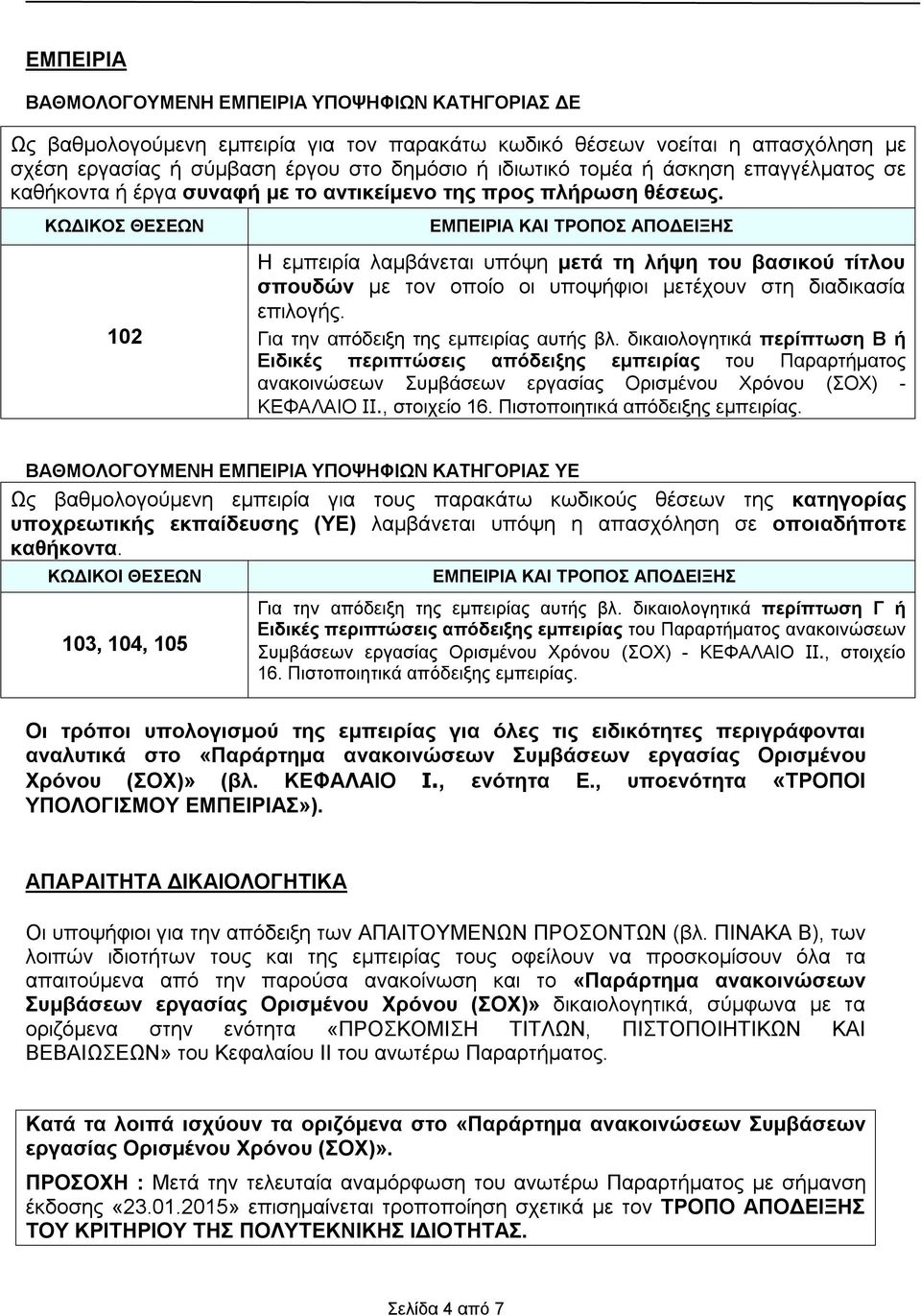 ΚΩΔΙΚΟΣ ΘΕΣΕΩΝ 102 ΕΜΠΕΙΡΙΑ ΚΑΙ ΤΡΟΠΟΣ ΑΠΟΔΕΙΞΗΣ Η εμπειρία λαμβάνεται υπόψη μετά τη λήψη του βασικού τίτλου σπουδών με τον οποίο οι υποψήφιοι μετέχουν στη διαδικασία επιλογής.